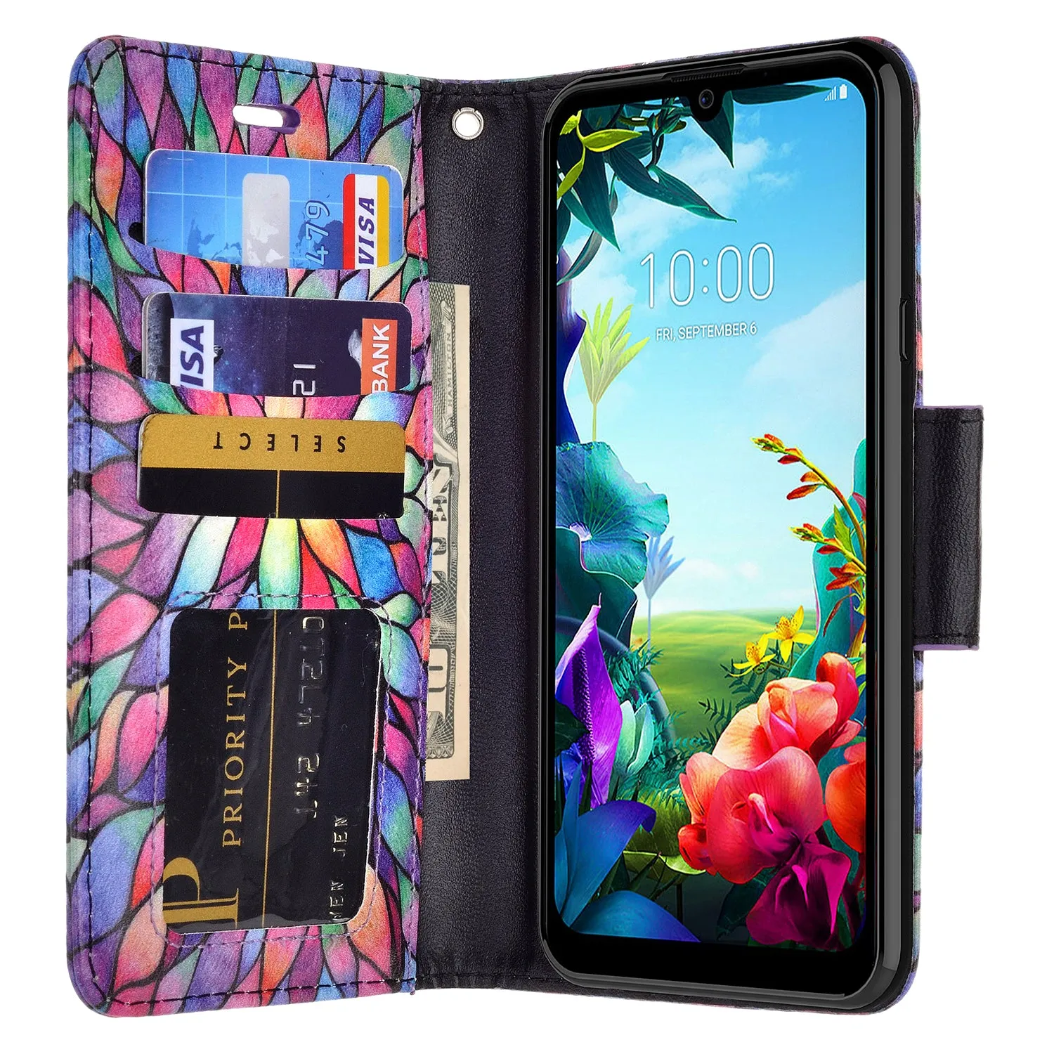 LG Stylo 6 Case, Stylo 6 Wallet Case, Wrist Strap Pu Leather Wallet Case [Kickstand] with ID & Credit Card Slots - Rainbow Flower