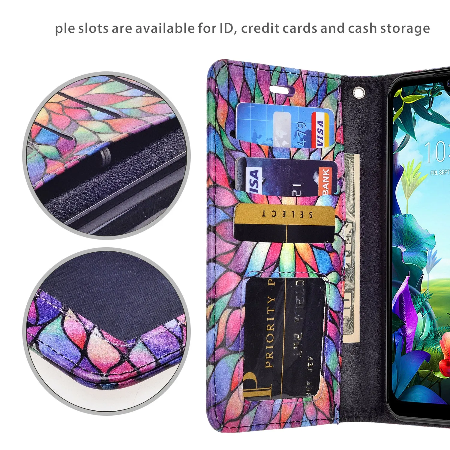 LG Stylo 6 Case, Stylo 6 Wallet Case, Wrist Strap Pu Leather Wallet Case [Kickstand] with ID & Credit Card Slots - Rainbow Flower