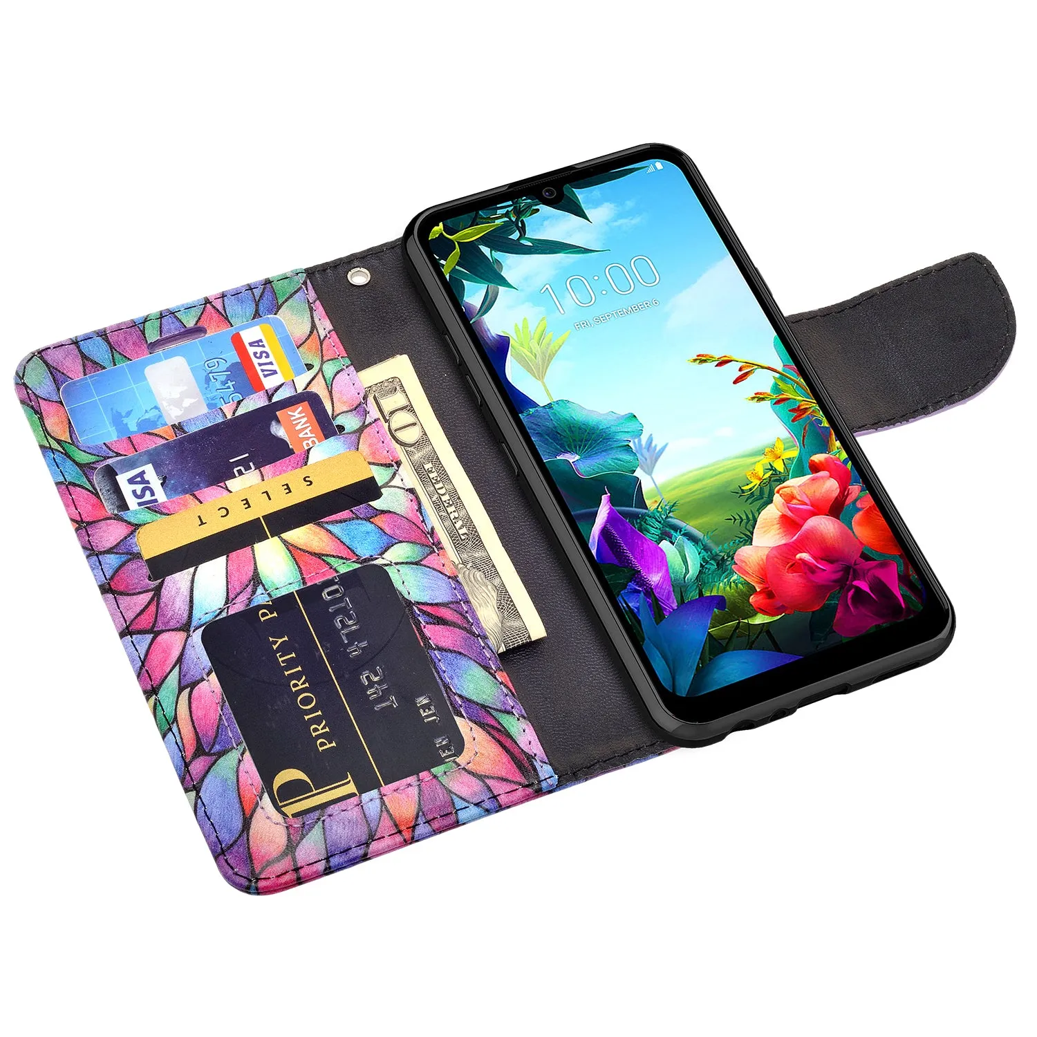 LG Stylo 6 Case, Stylo 6 Wallet Case, Wrist Strap Pu Leather Wallet Case [Kickstand] with ID & Credit Card Slots - Rainbow Flower