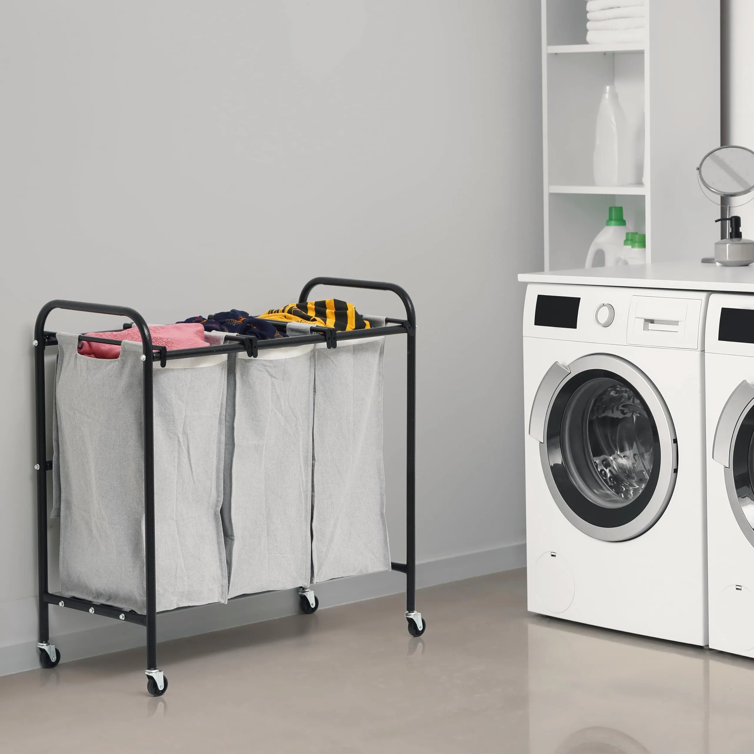 Livzing Metal Laundry Sorter 3 Section Cart With Rotating Wheels-Laundry Trolley Cart With Removable Laundry Bags-3 Compartment Laundry Divider Organizer&Laundry Basket Trolley For Bedroom, Home-Grey