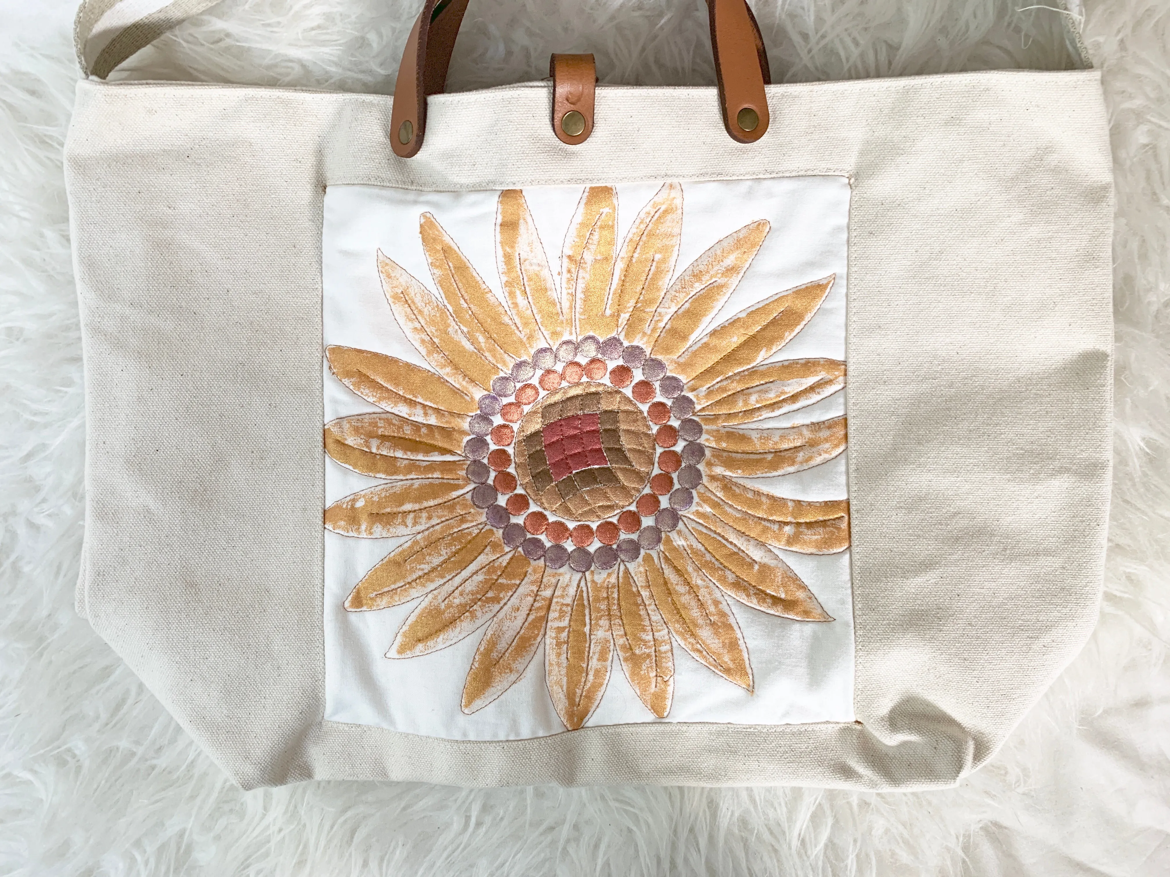 Lovet Embroidered Sunshine Tote with Leather Straps