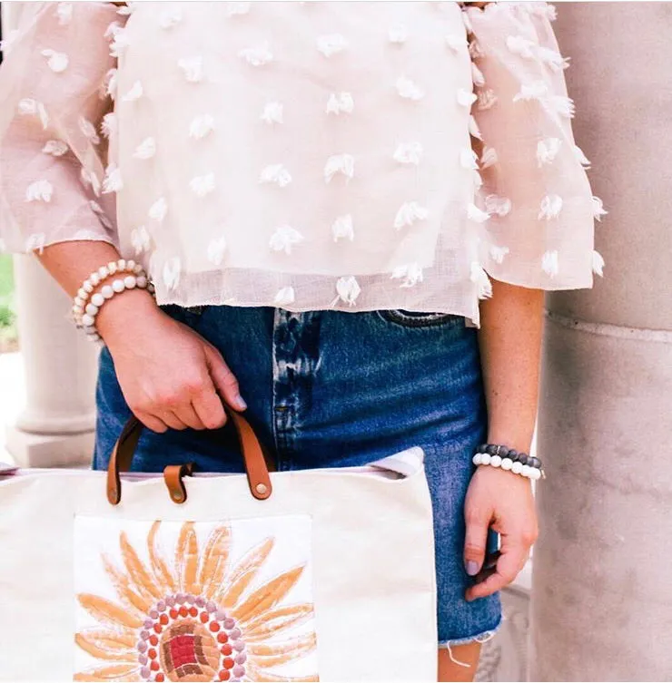 Lovet Embroidered Sunshine Tote with Leather Straps