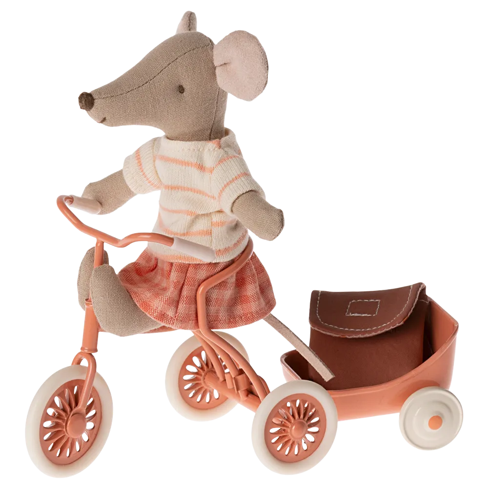 Maileg Tricycle Mouse, Big Sister with Bag - Coral