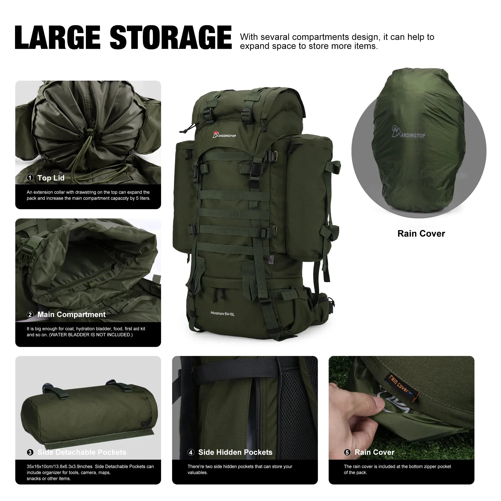 Mardingtop 65 10L Molle Tactical Internal Frame Backpacks with Rain Cover