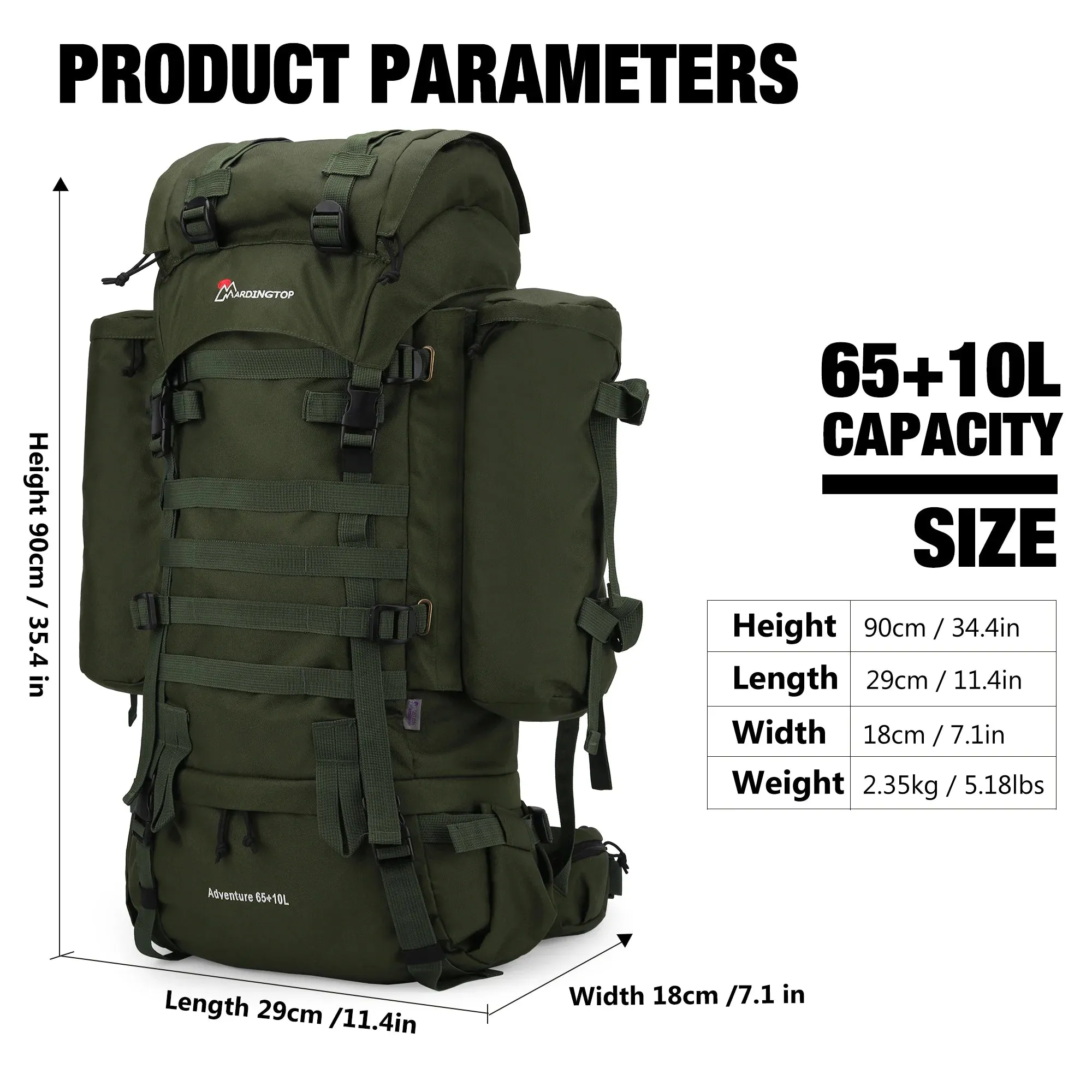 Mardingtop 65 10L Molle Tactical Internal Frame Backpacks with Rain Cover