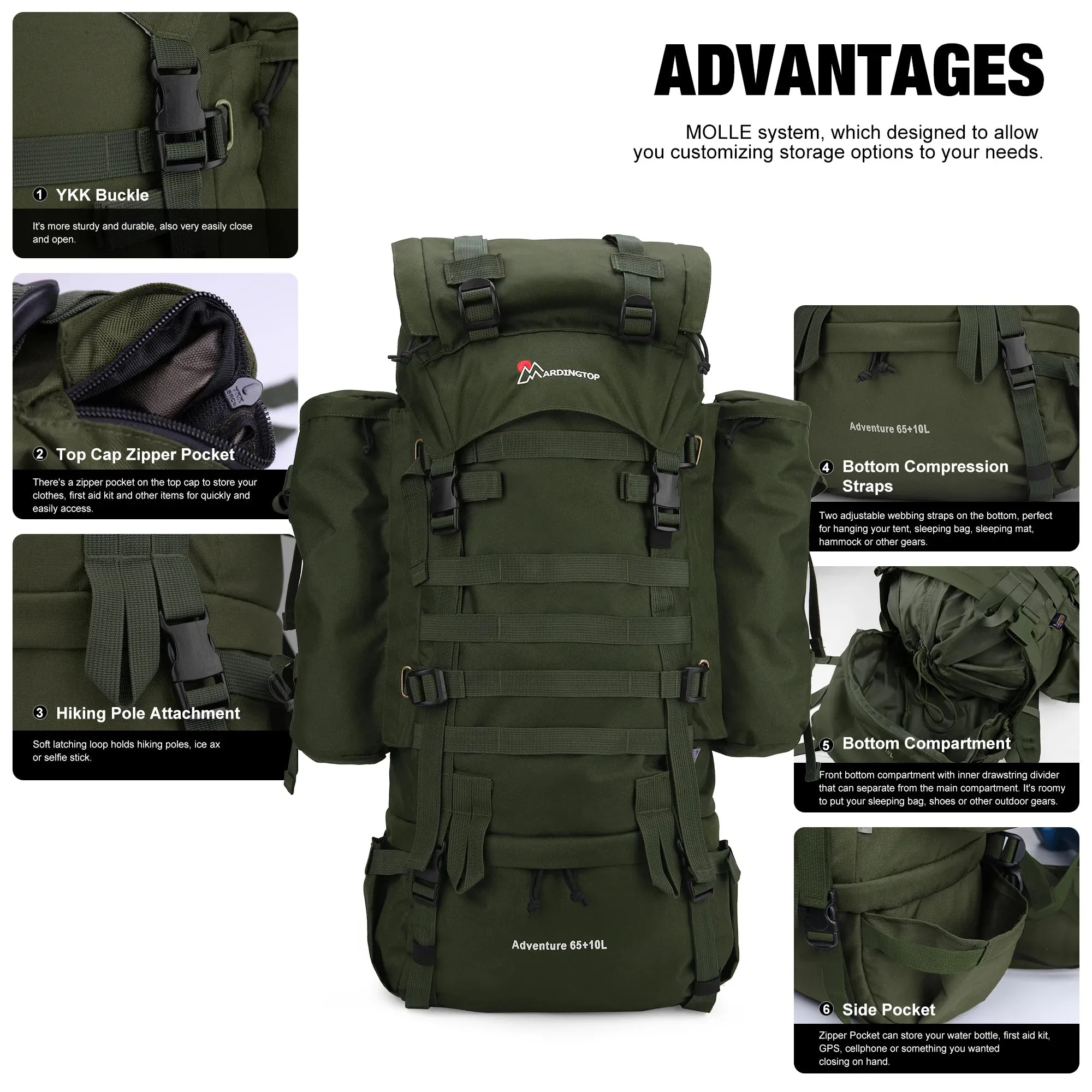 Mardingtop 65 10L Molle Tactical Internal Frame Backpacks with Rain Cover
