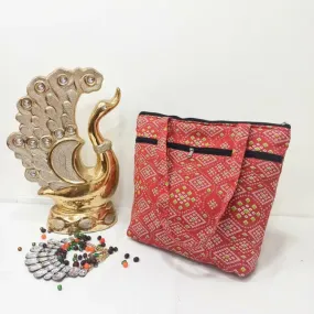 Medium Size Handbag Red Colour with Green Diamond Design.