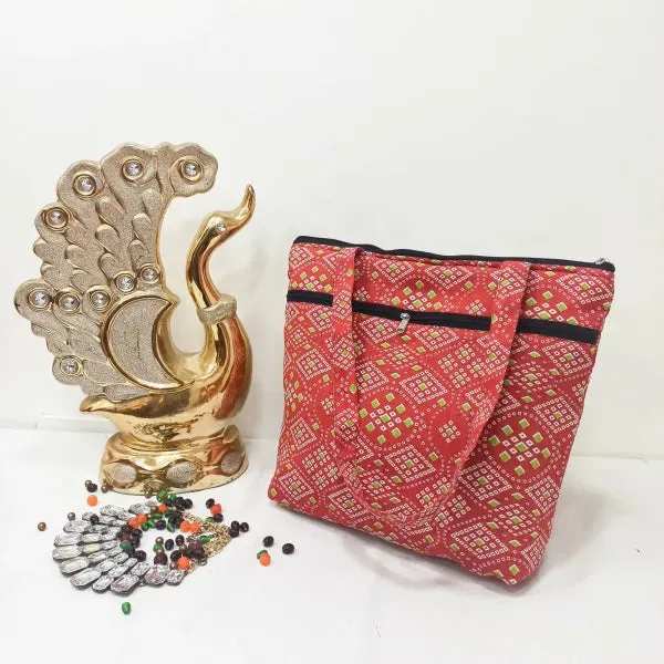 Medium Size Handbag Red Colour with Green Diamond Design.