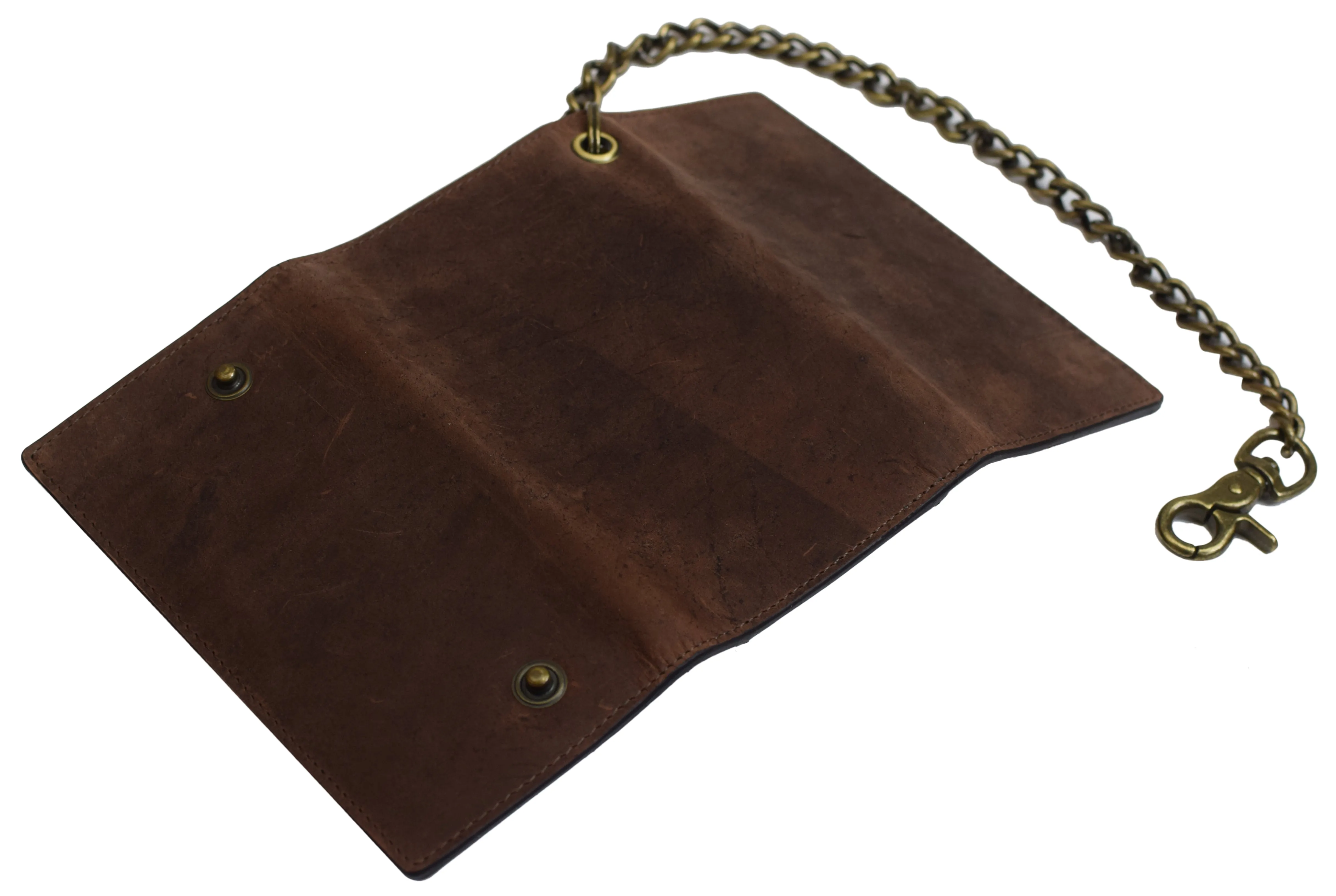 Men's Tri-fold Brown Leather Chain Wallet Motorcycle Rider Trucker Biker Wallet