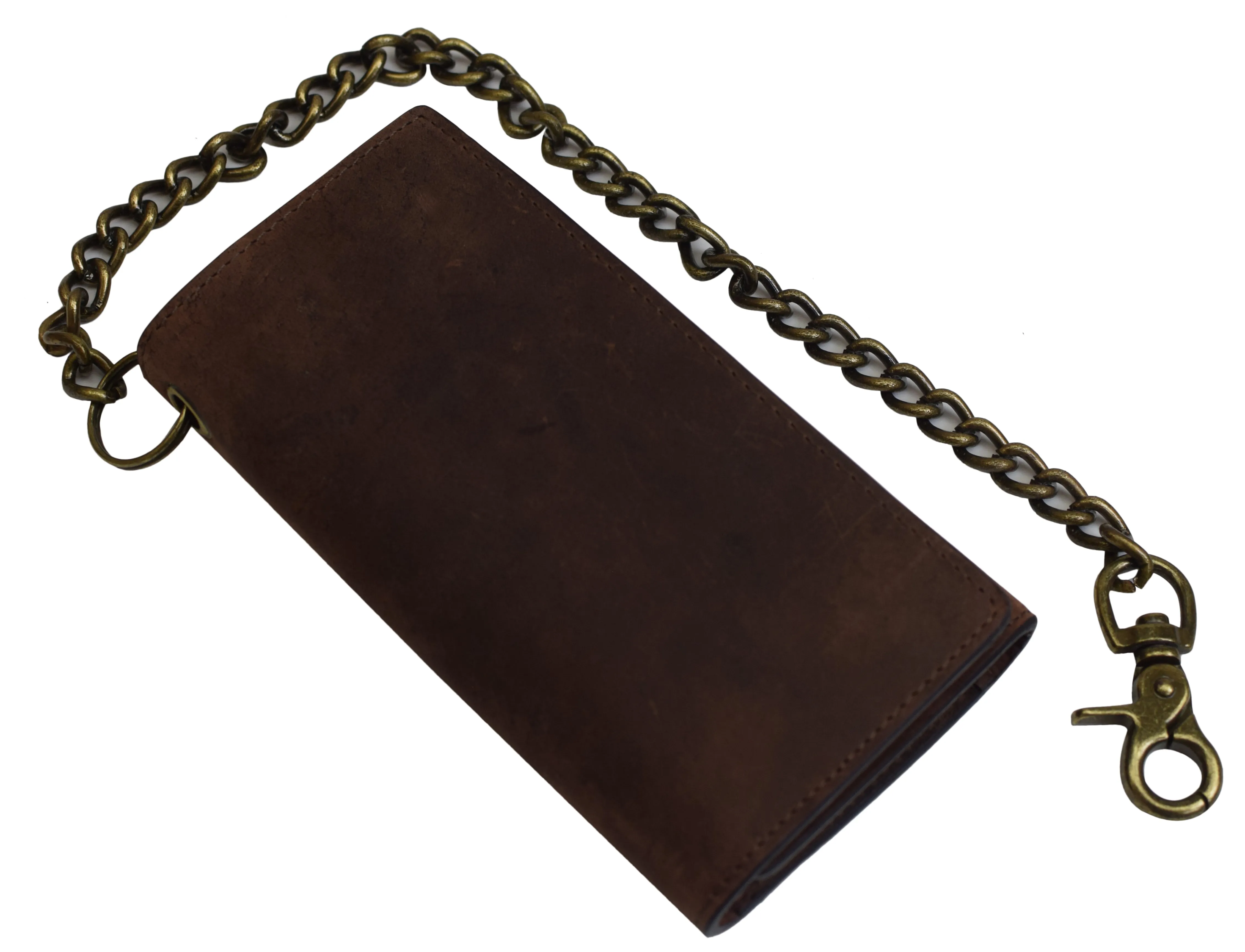 Men's Tri-fold Brown Leather Chain Wallet Motorcycle Rider Trucker Biker Wallet