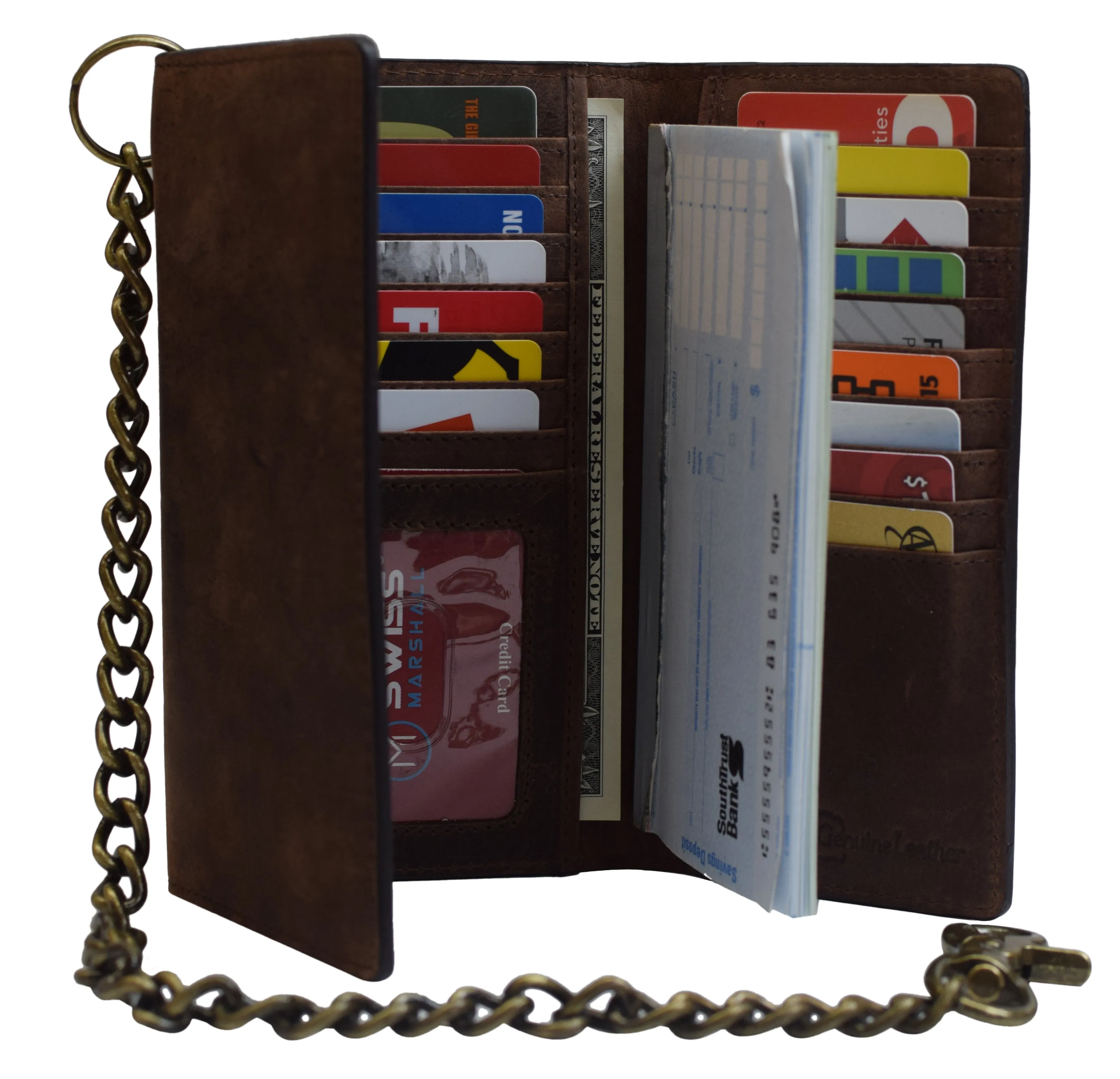 Men's Tri-fold Brown Leather Chain Wallet Motorcycle Rider Trucker Biker Wallet