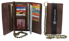 Men's Tri-fold Brown Leather Chain Wallet Motorcycle Rider Trucker Biker Wallet