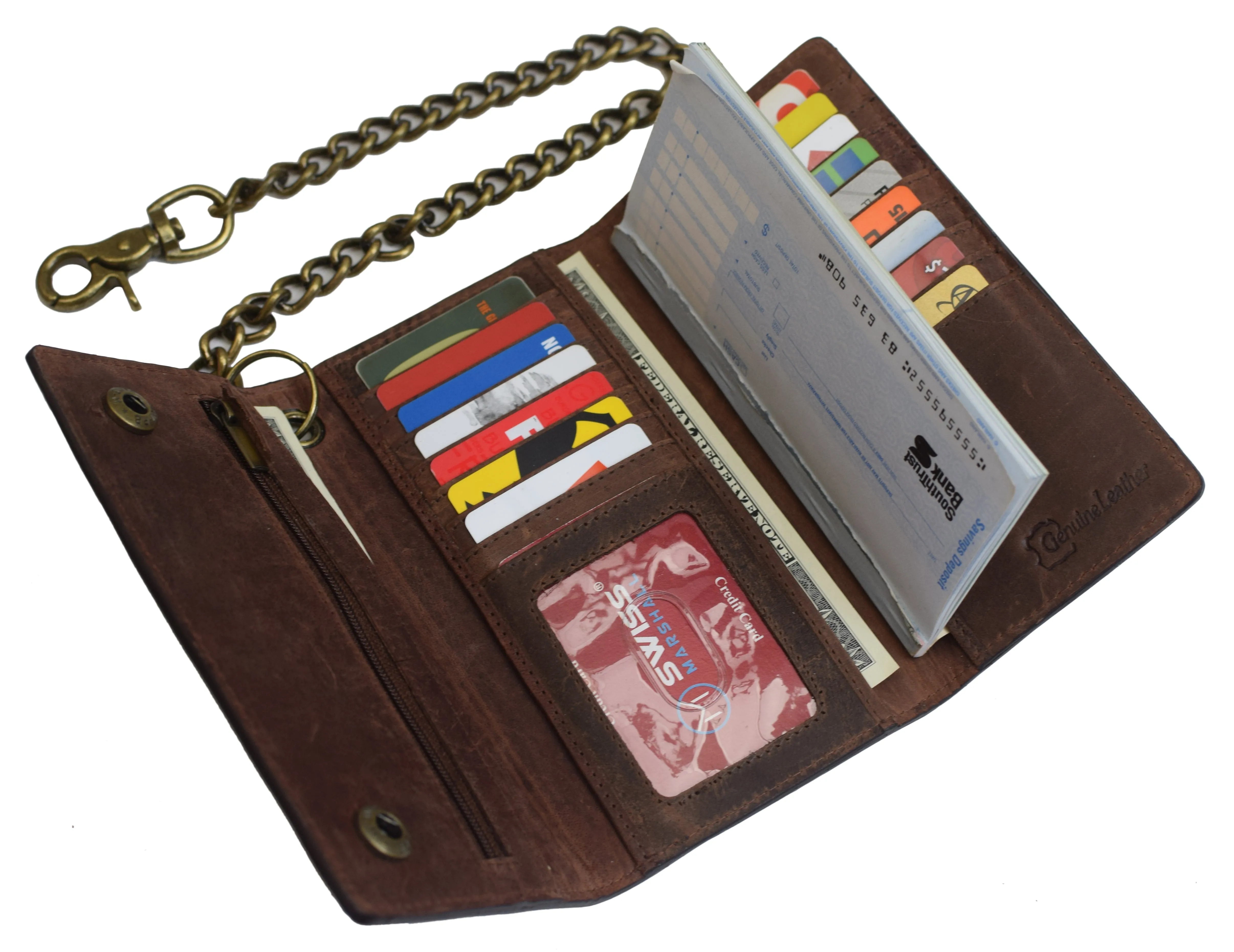 Men's Tri-fold Brown Leather Chain Wallet Motorcycle Rider Trucker Biker Wallet