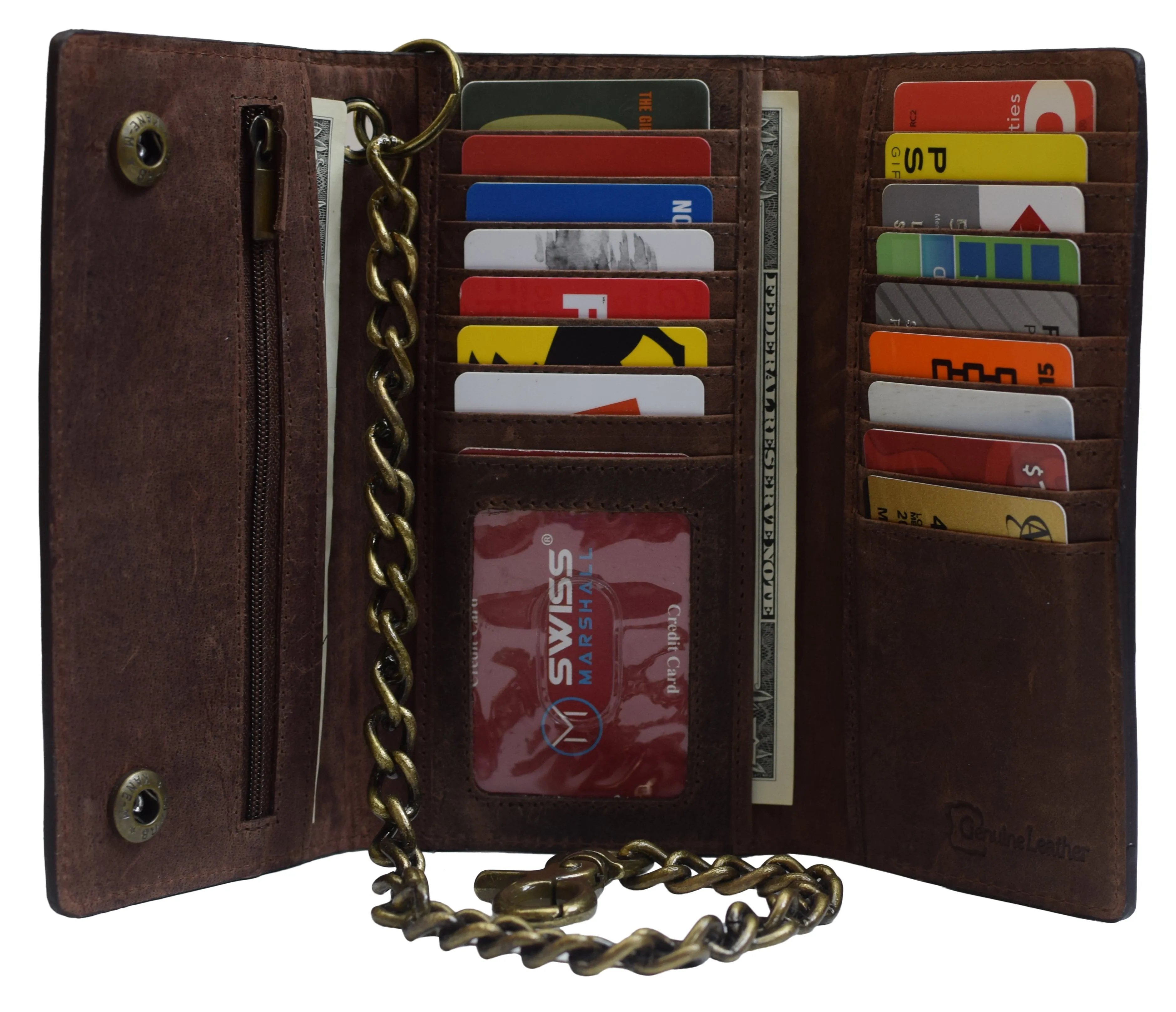 Men's Tri-fold Brown Leather Chain Wallet Motorcycle Rider Trucker Biker Wallet