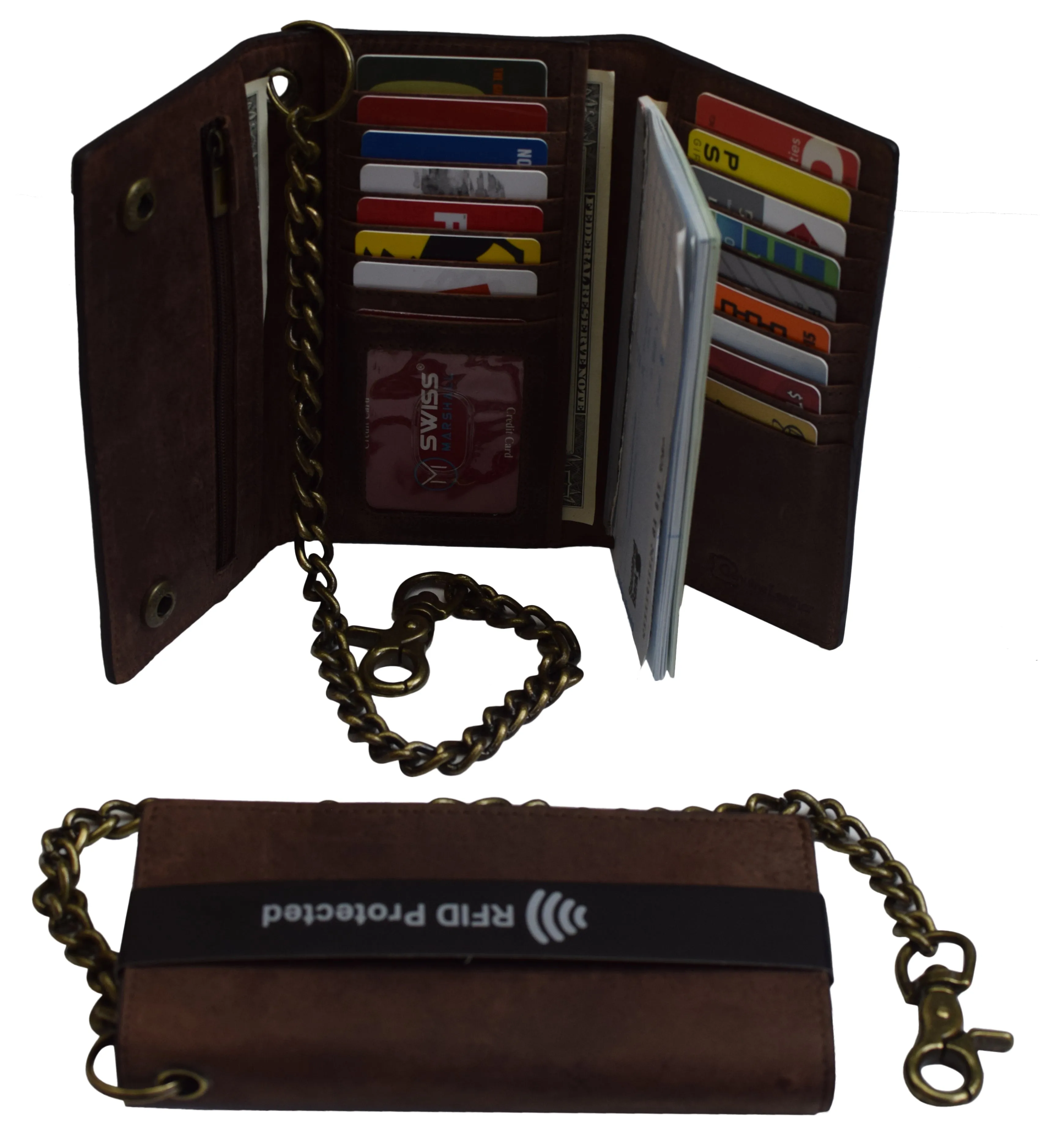 Men's Tri-fold Brown Leather Chain Wallet Motorcycle Rider Trucker Biker Wallet