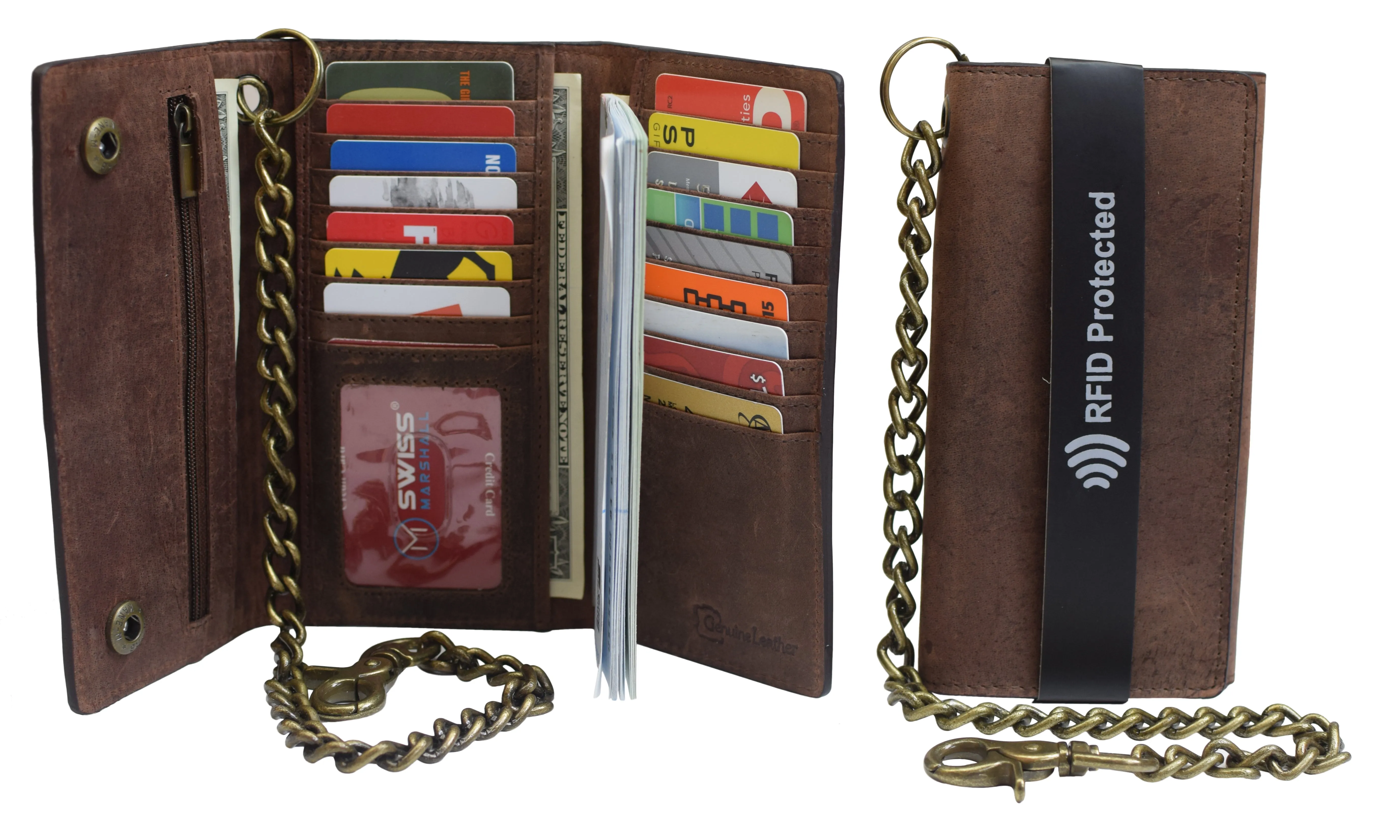 Men's Tri-fold Brown Leather Chain Wallet Motorcycle Rider Trucker Biker Wallet