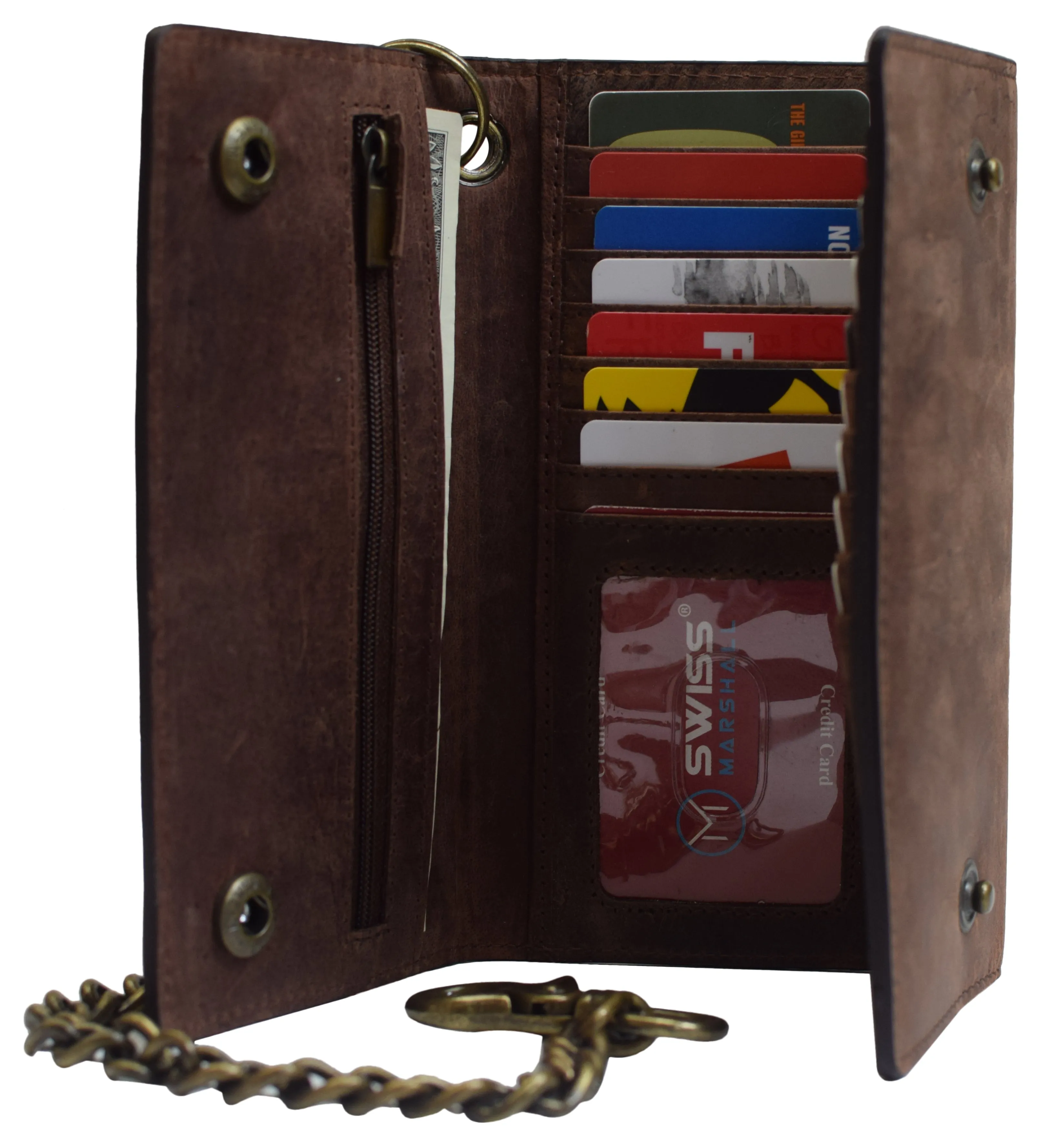 Men's Tri-fold Brown Leather Chain Wallet Motorcycle Rider Trucker Biker Wallet