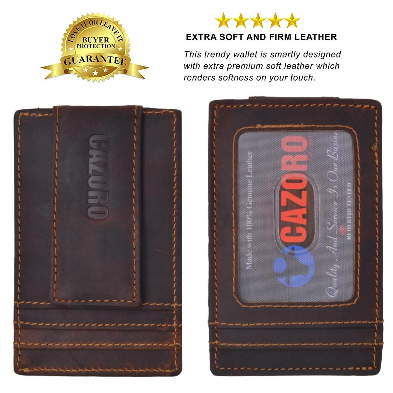 Men's Vintage RFID Blocking Magnetic Money Clip Leather Slim Wallet Card Holder
