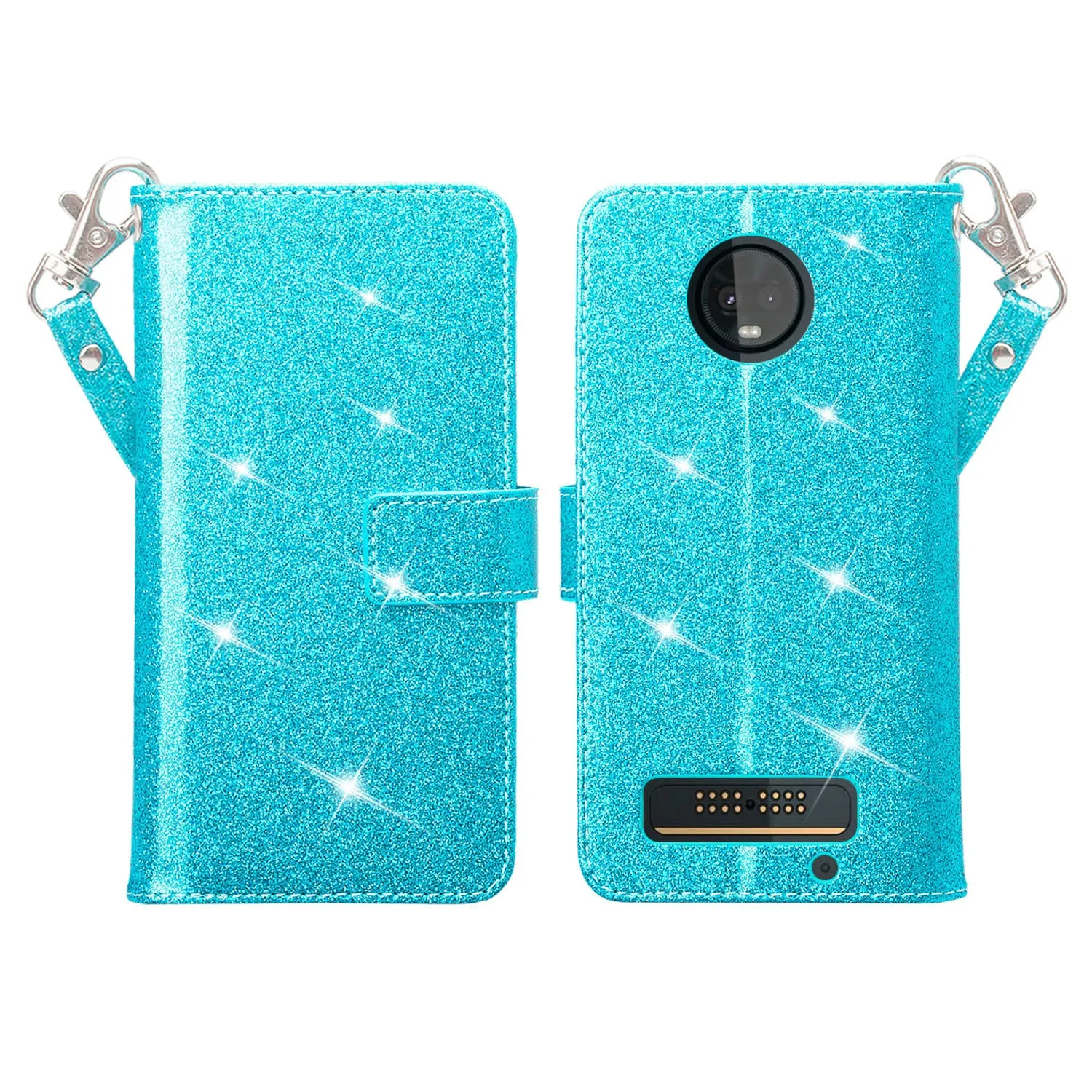Motorola Moto Z3 Play Case, [Wrist Strap] Glitter Faux Leather Flip [Kickstand Feature] Protective Wallet Case Cover Clutch - Teal