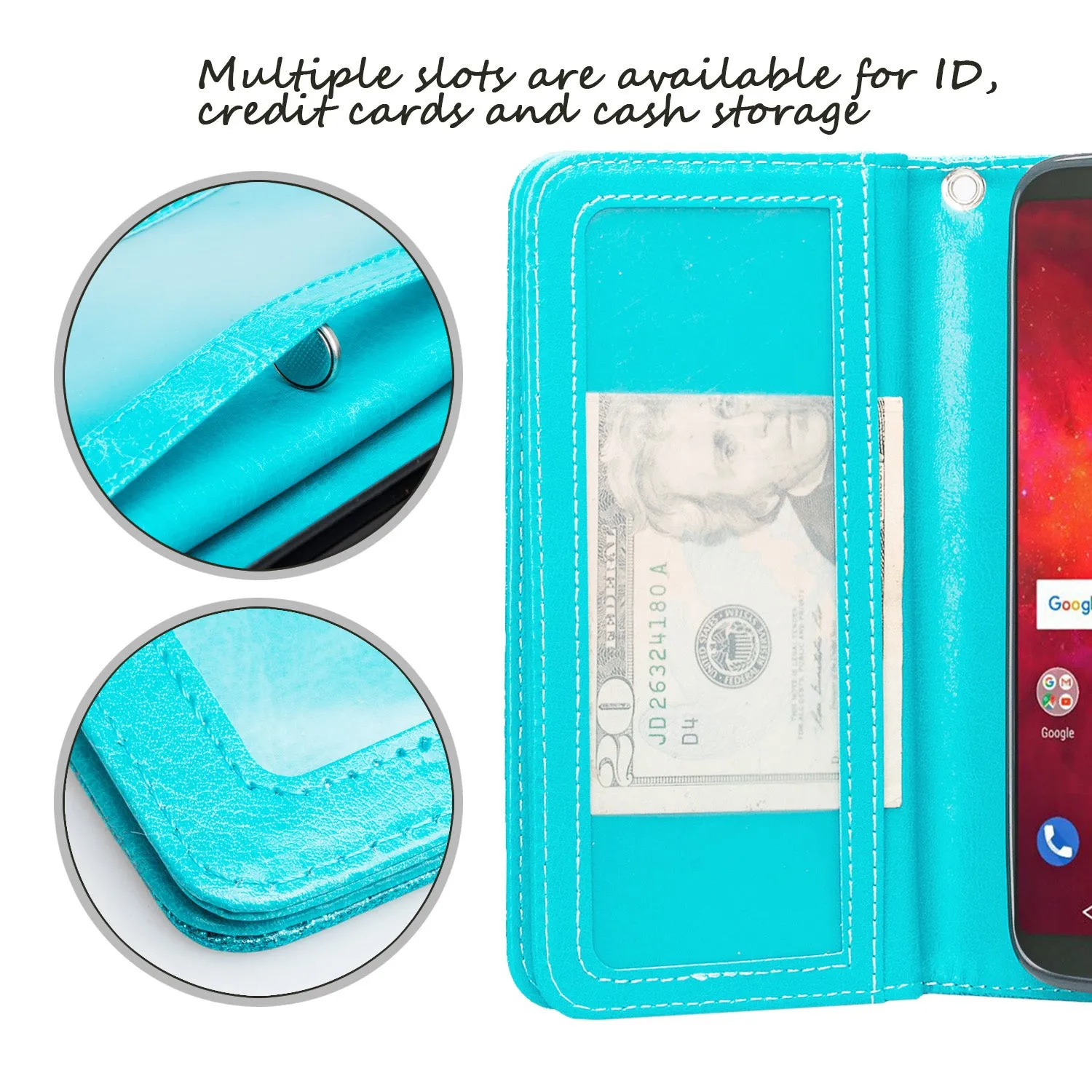 Motorola Moto Z3 Play Case, [Wrist Strap] Glitter Faux Leather Flip [Kickstand Feature] Protective Wallet Case Cover Clutch - Teal