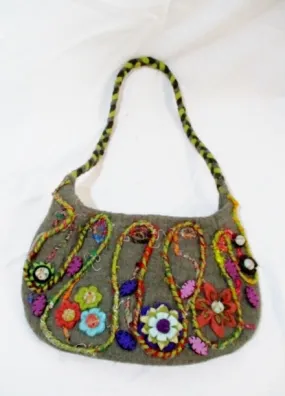 New RISING TIDE Boiled Wool Felt Purse Bag GRAY FLOWER FLORAL Textured