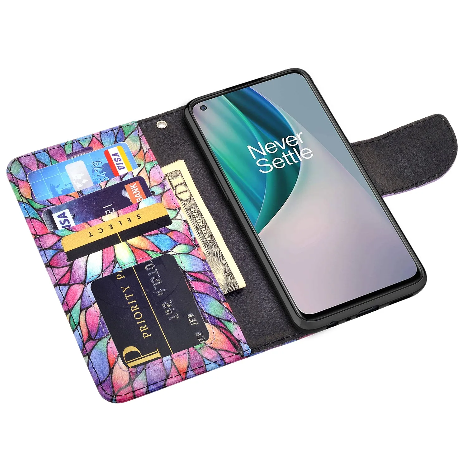 OnePlus Nord N10 5G Case, Nord N10 5G Wallet Case, Wrist Strap Pu Leather Wallet Case [Kickstand] with ID & Credit Card Slots - Rainbow Flower