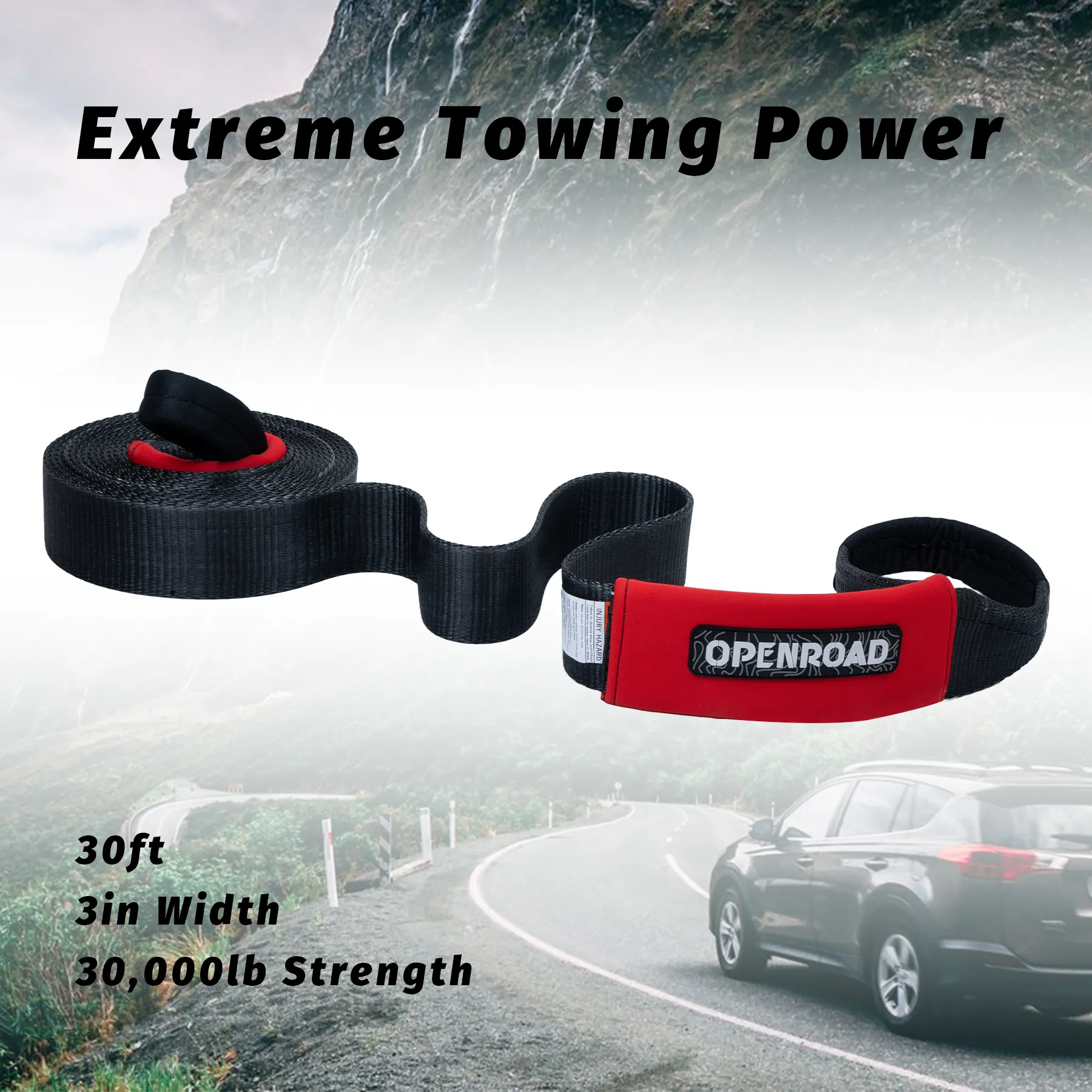OPENROAD Nylon Heavy Duty Tow Strap Recovery Strap 3" x 30 ft (30,000 lbs) Snatch Strap,  Storage Bag