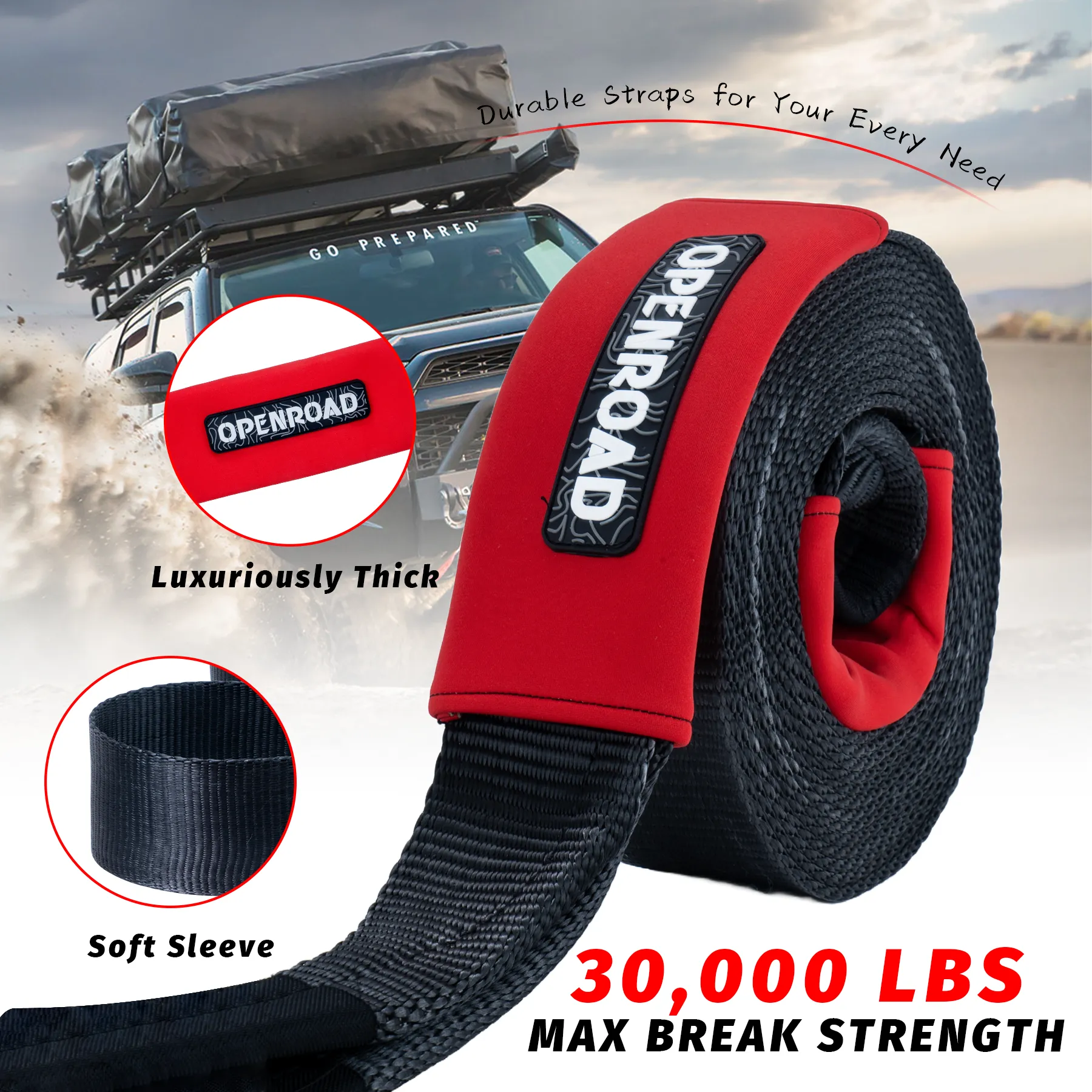 OPENROAD Nylon Heavy Duty Tow Strap Recovery Strap 3" x 30 ft (30,000 lbs) Snatch Strap,  Storage Bag