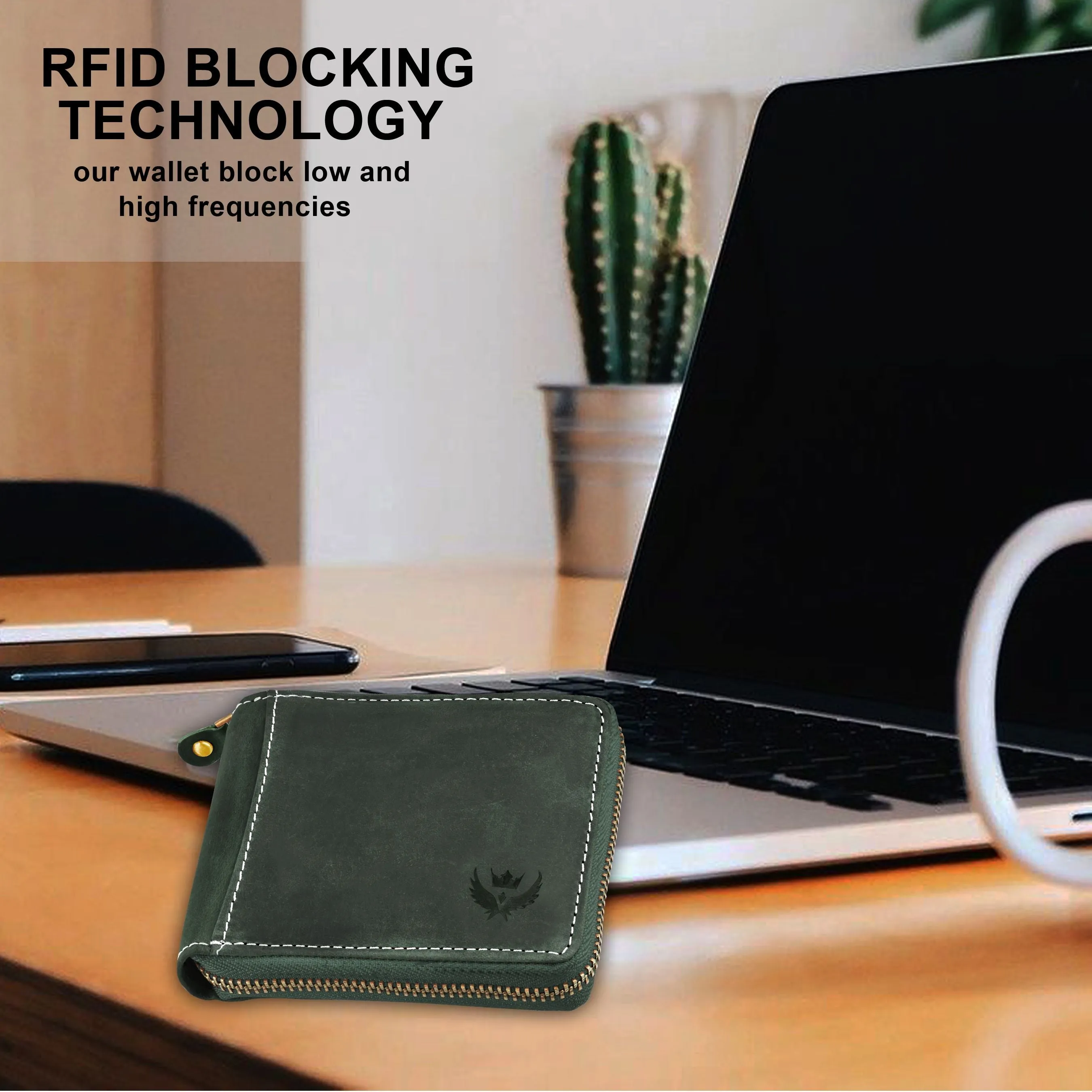 RFID Blocking Genuine Olive Green Hunter Leather Zipper Wallet for Men