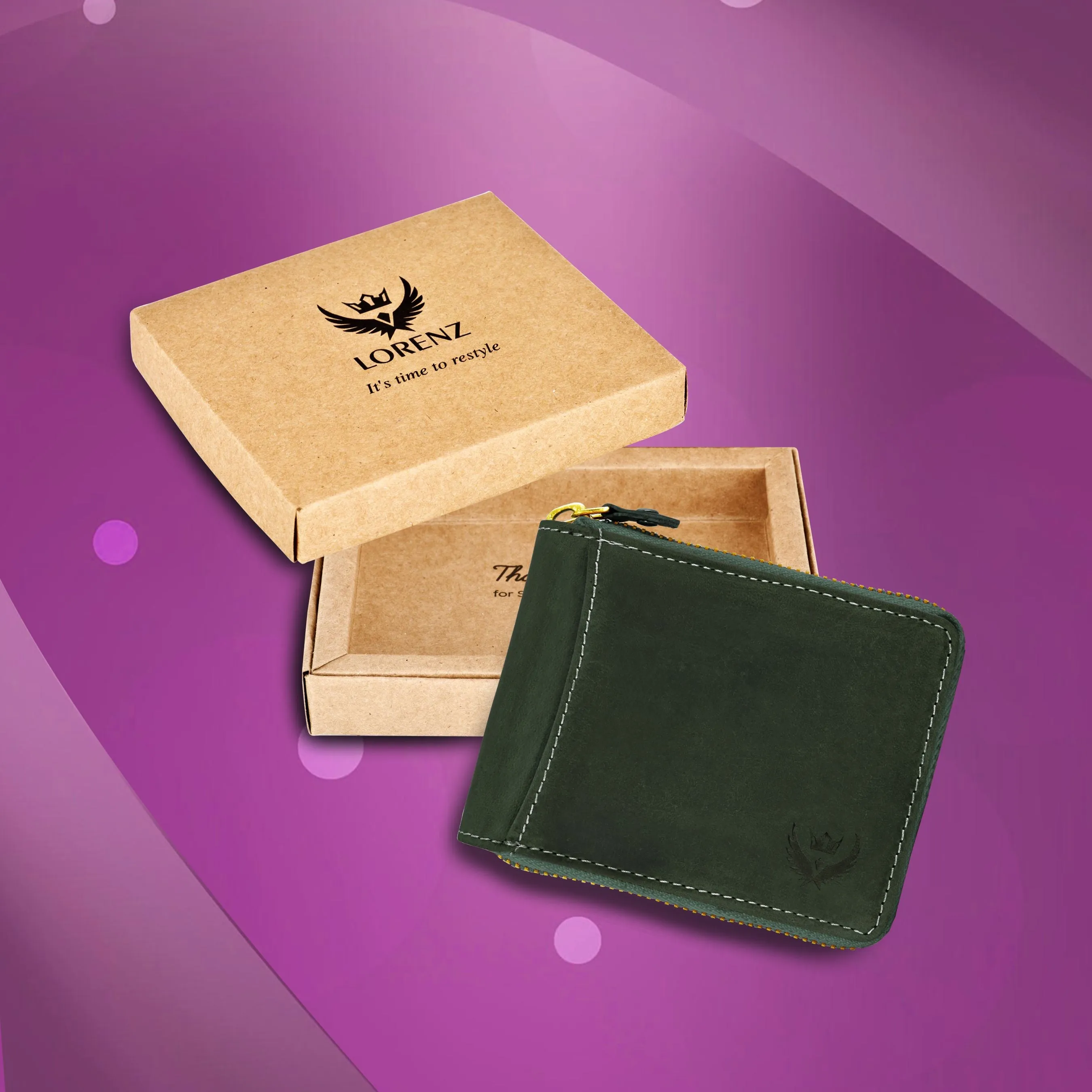 RFID Blocking Genuine Olive Green Hunter Leather Zipper Wallet for Men