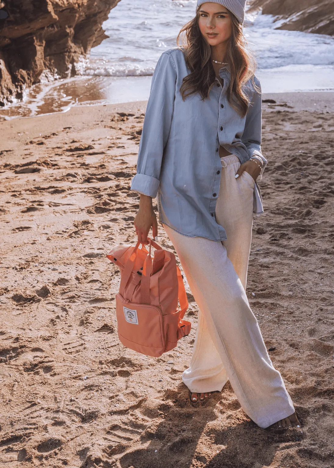 'The Mini' Recycled Roll-Top Backpack in Coral