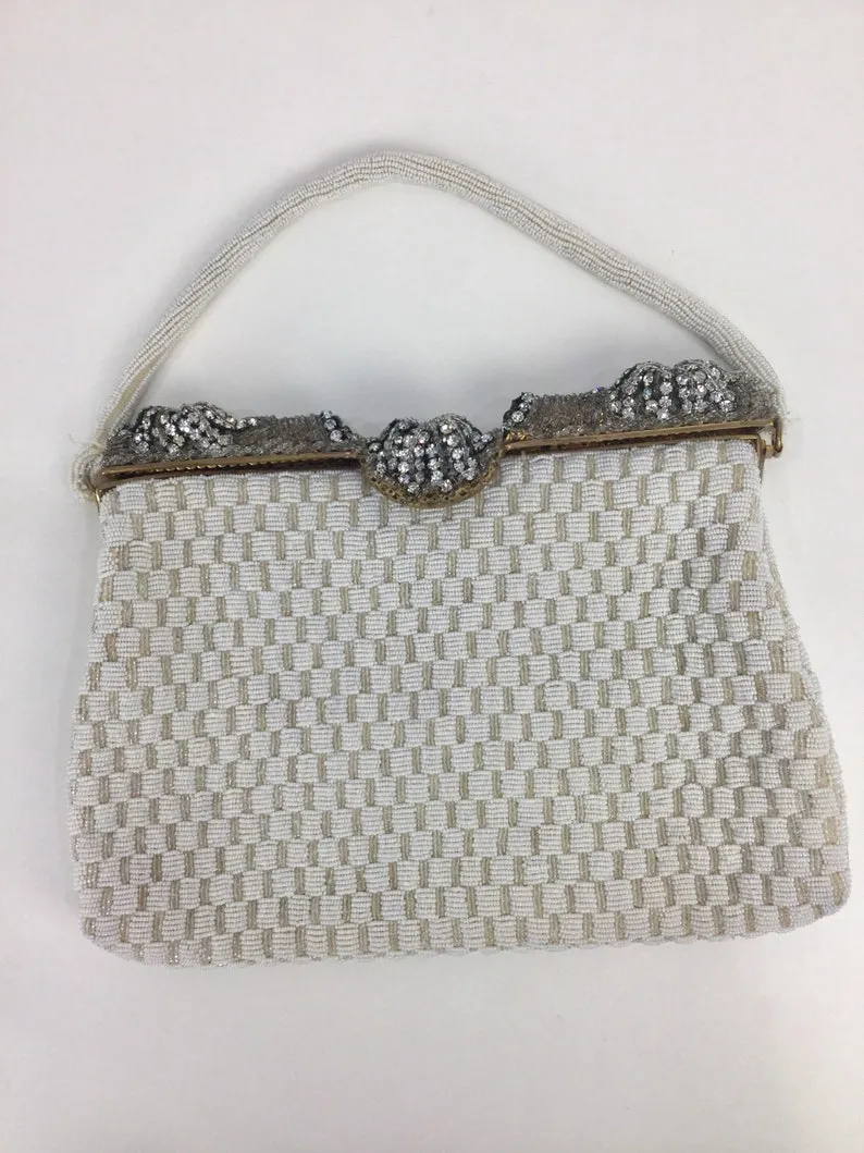 Vintage 50s/60s White Beaded Evening Bag, Rhinestone Clasp Bridal Purse