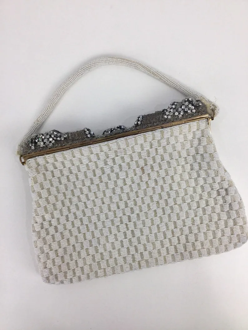 Vintage 50s/60s White Beaded Evening Bag, Rhinestone Clasp Bridal Purse