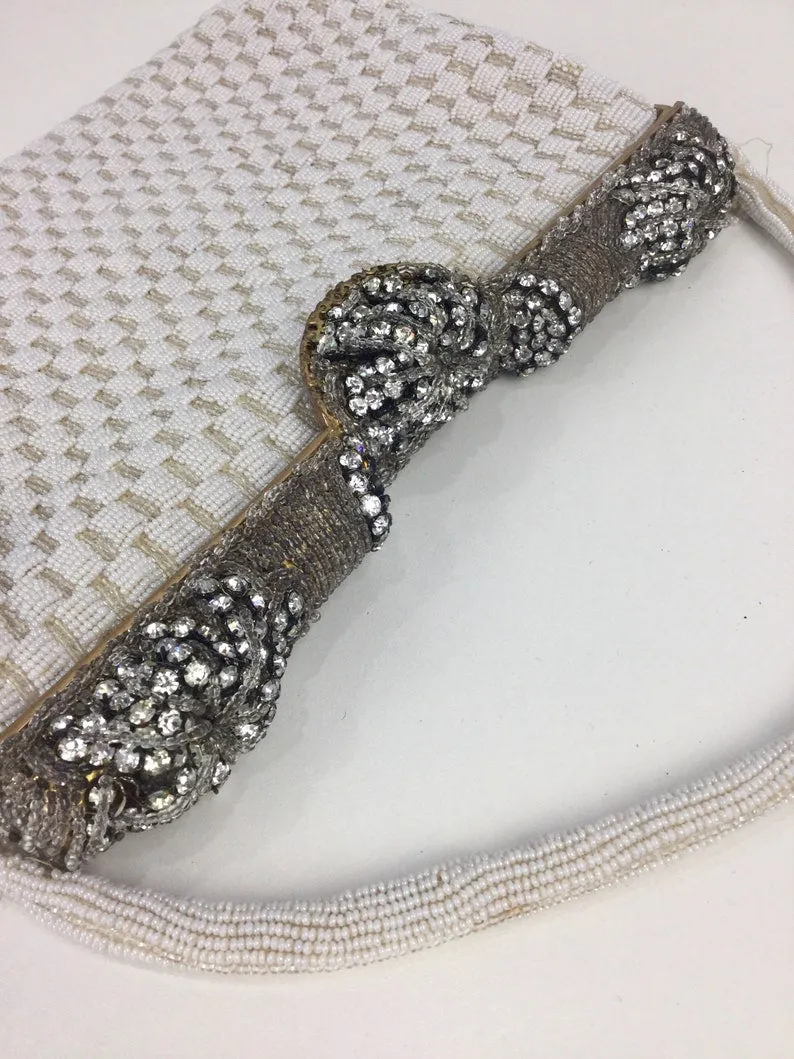 Vintage 50s/60s White Beaded Evening Bag, Rhinestone Clasp Bridal Purse