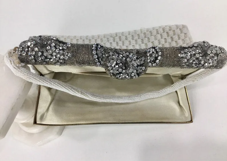 Vintage 50s/60s White Beaded Evening Bag, Rhinestone Clasp Bridal Purse