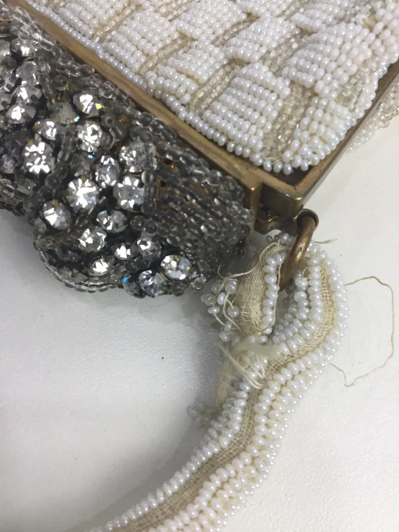 Vintage 50s/60s White Beaded Evening Bag, Rhinestone Clasp Bridal Purse