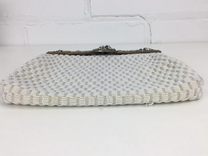 Vintage 50s/60s White Beaded Evening Bag, Rhinestone Clasp Bridal Purse