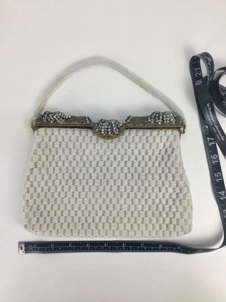 Vintage 50s/60s White Beaded Evening Bag, Rhinestone Clasp Bridal Purse
