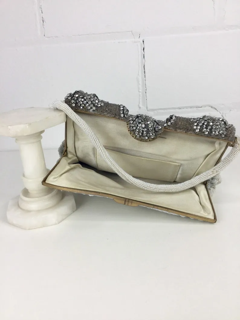 Vintage 50s/60s White Beaded Evening Bag, Rhinestone Clasp Bridal Purse