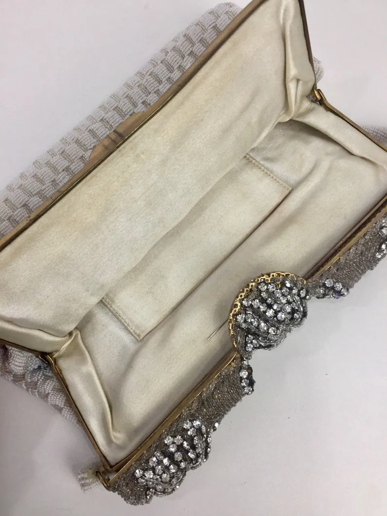 Vintage 50s/60s White Beaded Evening Bag, Rhinestone Clasp Bridal Purse