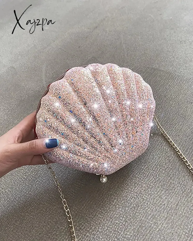 Xajzpa - Shell Shaped Glitter Chain Satchel Bag