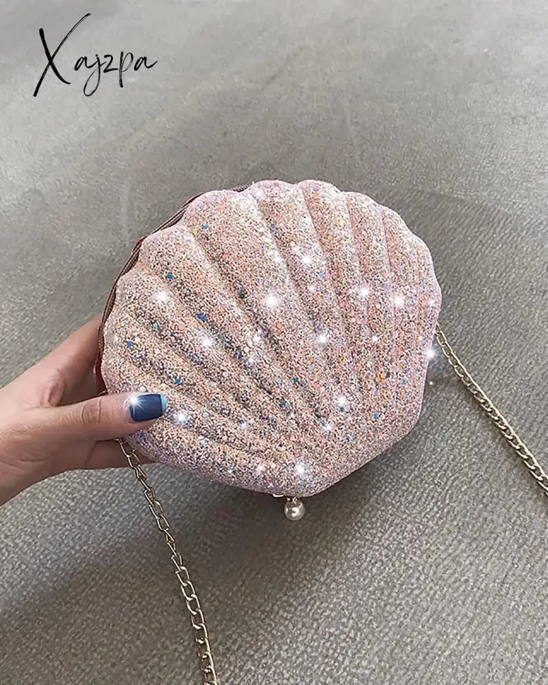 Xajzpa - Shell Shaped Glitter Chain Satchel Bag