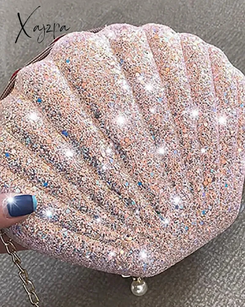 Xajzpa - Shell Shaped Glitter Chain Satchel Bag