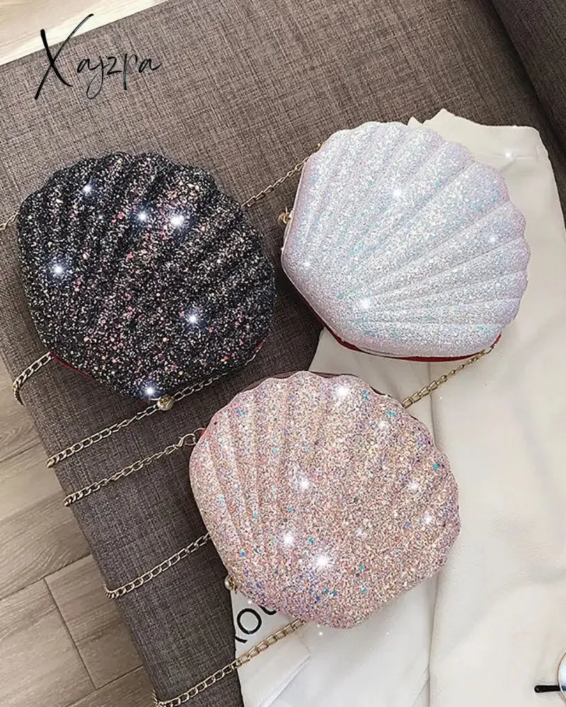 Xajzpa - Shell Shaped Glitter Chain Satchel Bag